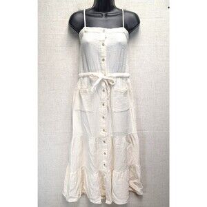 Promesa White Cotton Maxi Dress Full Button Front w/ Pockets Women's Size S